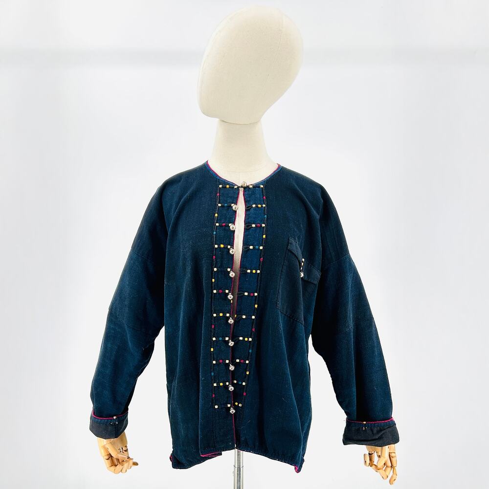 Vintage 90s Indigo Blue Handwoven Cotton Silver Toggle Thai Artisan Jacket